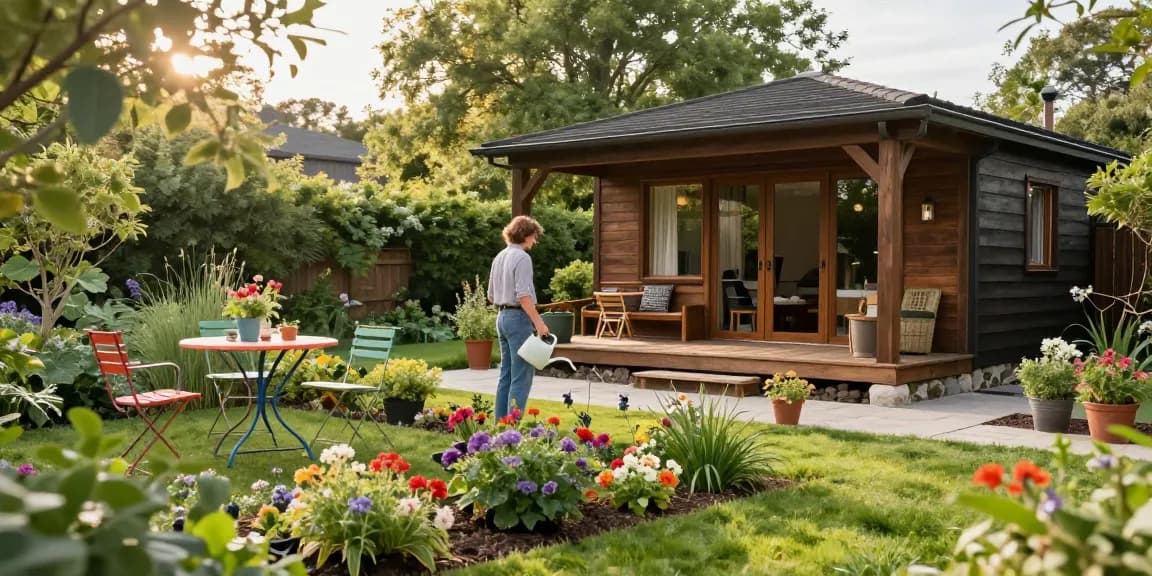 Gartenhaus umgeben von Blumen und einem stilvollen Gartenmöbel-Set.