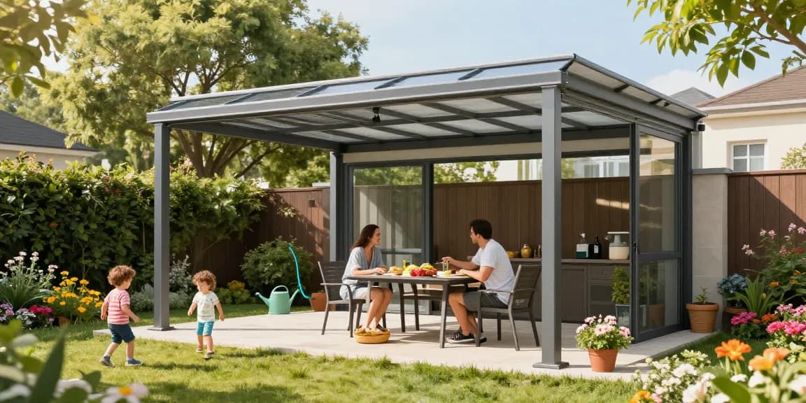 Moderne freistehende Terrassenüberdachung in einem einladenden Garten mit einer Familie im Freien.