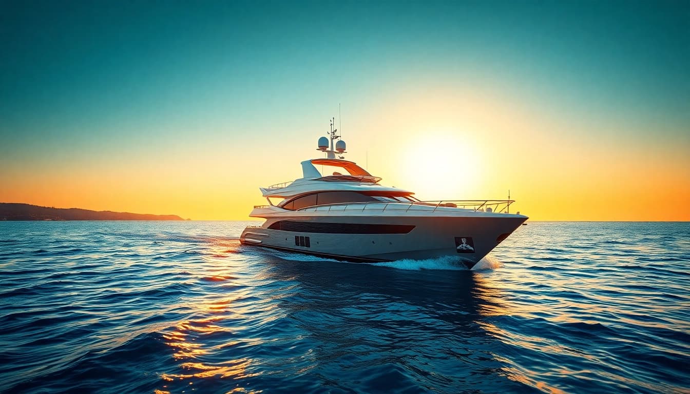 Erleben Sie Mega Lüfer Yachts auf dem glitzernden Wasser bei Sonnenuntergang mit luxuriösem Design.