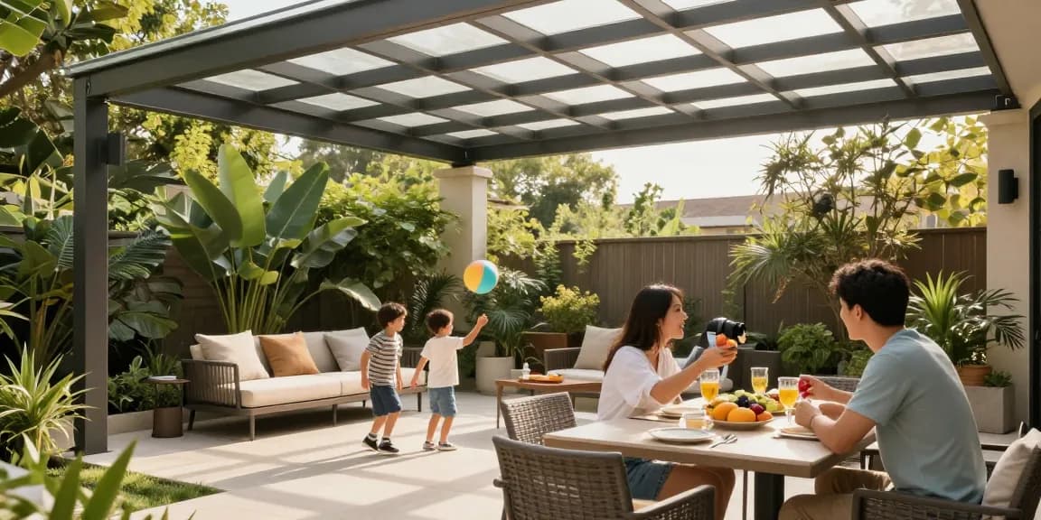 Moderne Terrassenüberdachungen schaffen einen einladenden Außenbereich für Familienaktivitäten.