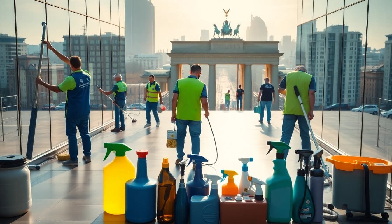 Efficient gebäudereinigung berlin team working on a building facade with a clear view of Berlin’s skyline.