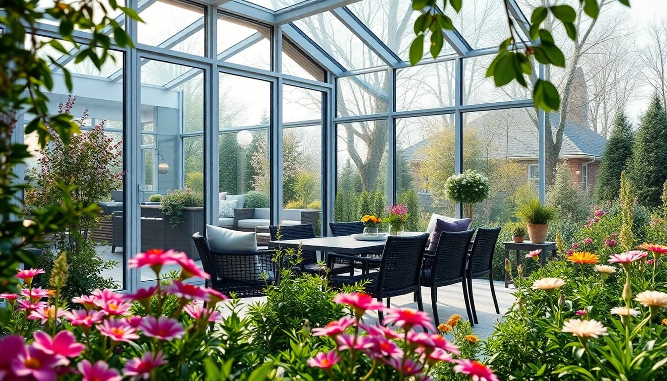 Wintergarten in einem eleganten Garten mit Licht und gruenen Pflanzen gestalten
