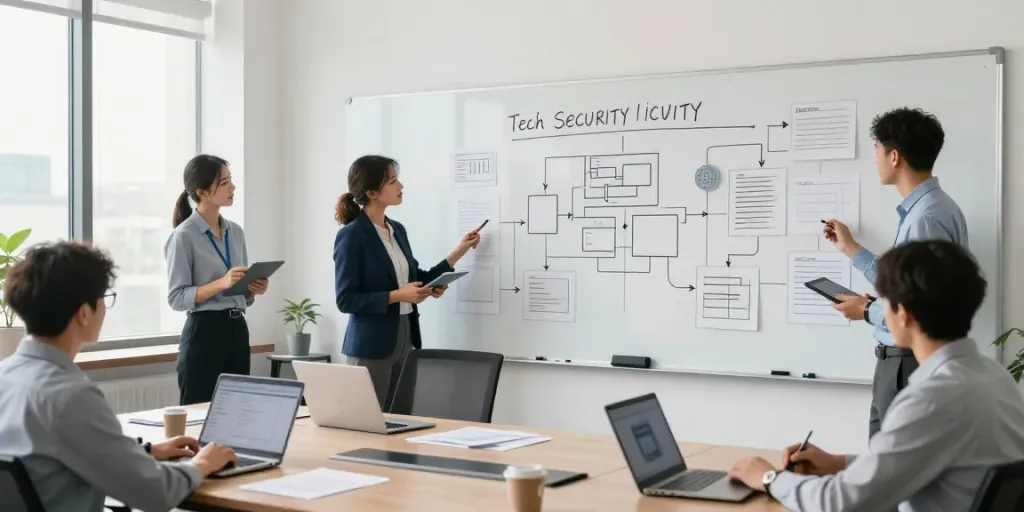 IT-Sicherheit Frankfurt: Team arbeitet an Sicherheitsstrategien in modernem Büro.