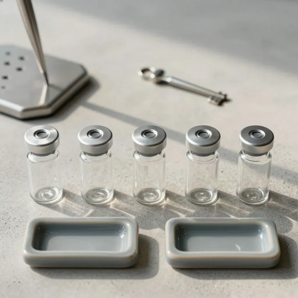 Labor-Vials, Pipettenständer und Keramik-Abstandshalter auf hellem Beton.