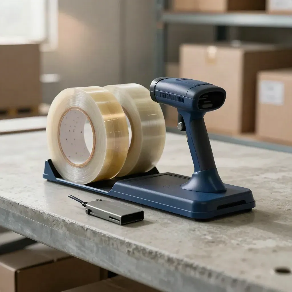 Barcode-Scanner-Dock, Paketklebebänder und Kabelclip auf grauem Lagerbeton