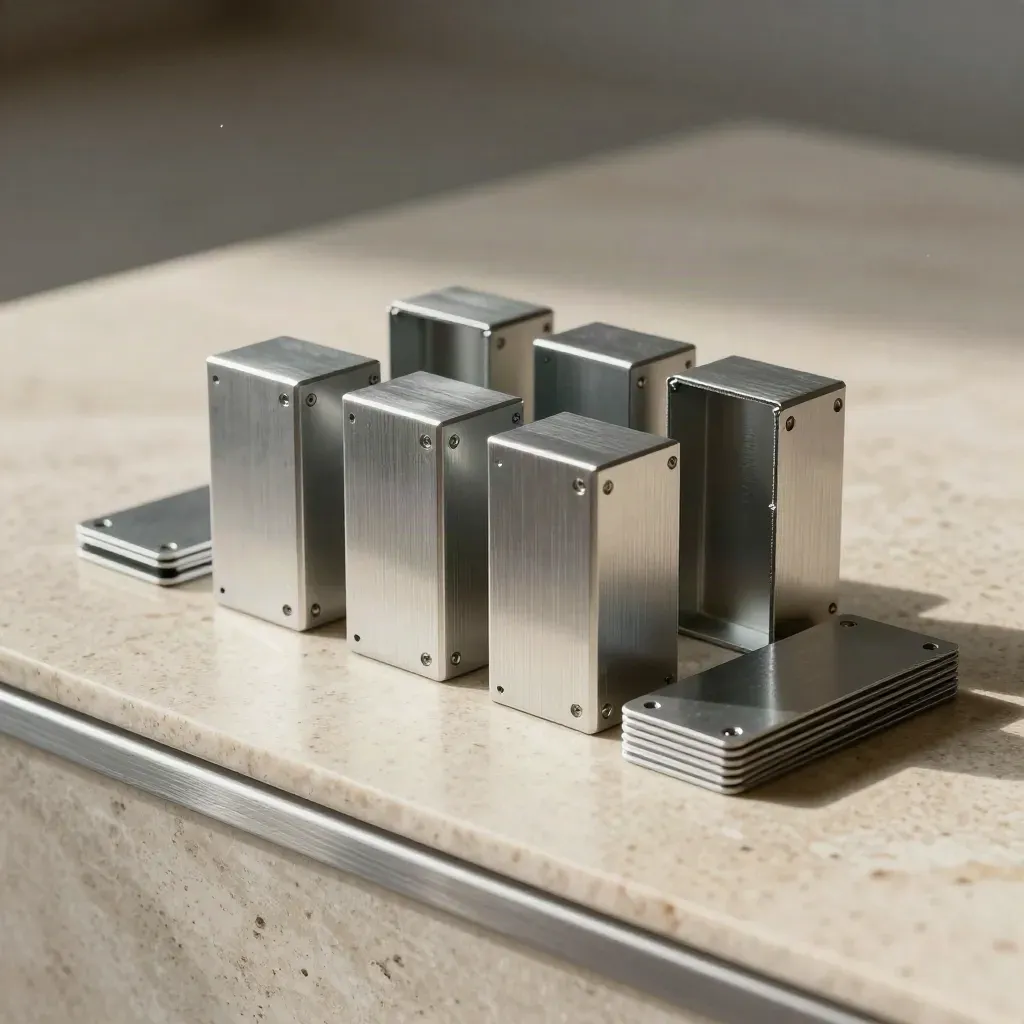 Aluminium-Dockblöcke, Kabelorganizer und Spacerplatten auf hellem Travertin im dramatischen Licht.