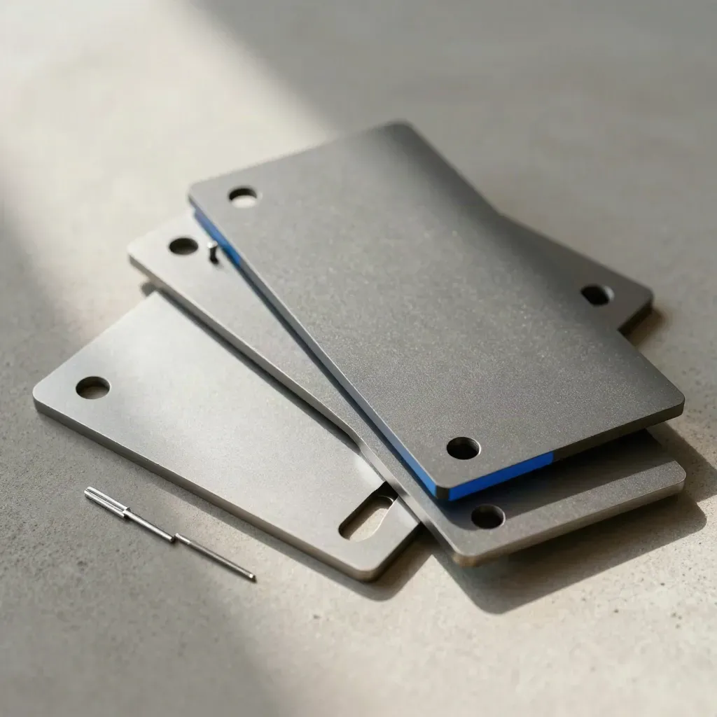 Draufsicht auf zwei überlappende Stencilplatten mit Pins, kühlem Metall und blauem Akzent.