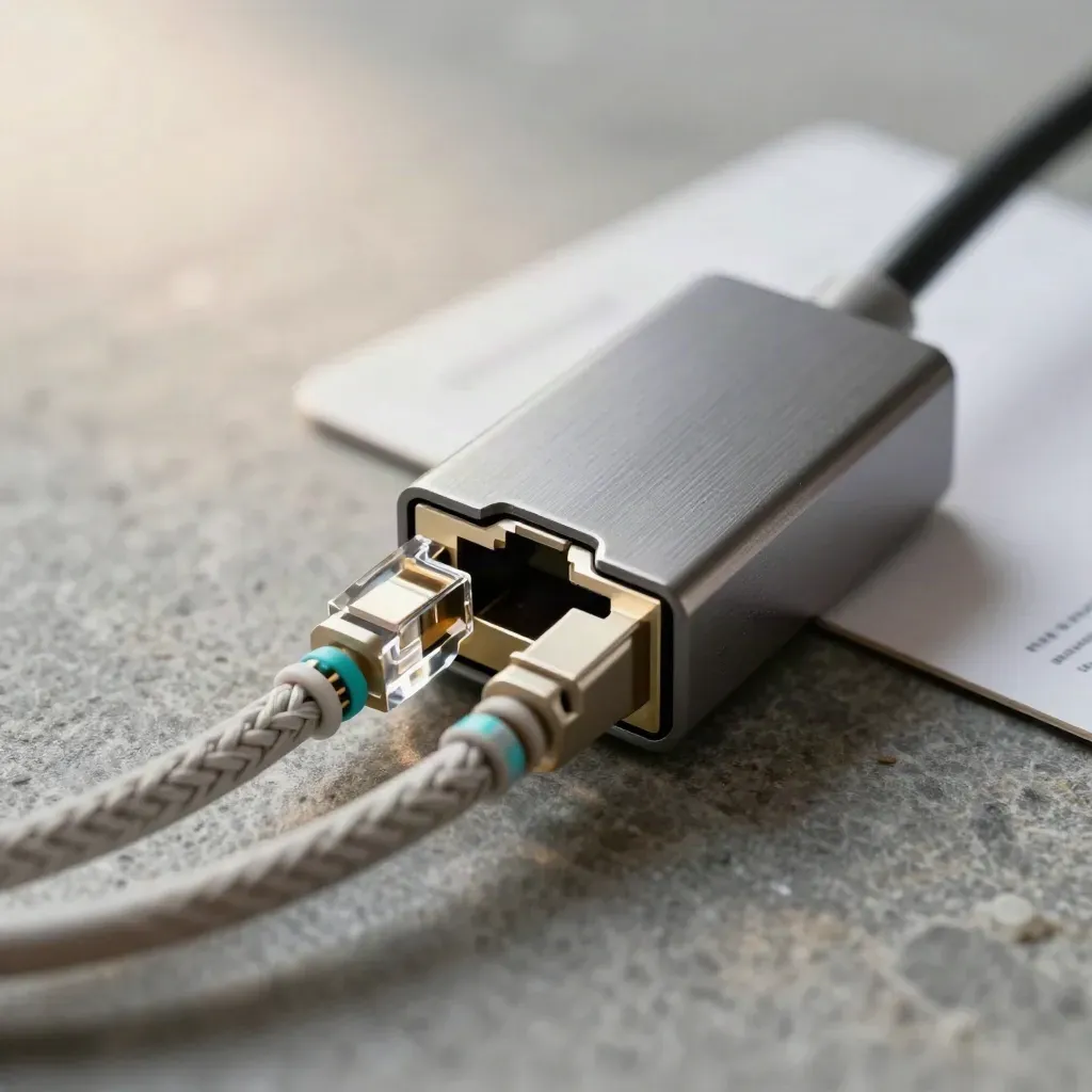 Makro eines Netzwerk-Taps mit geflochtenen Ethernetkabeln und Kupplung auf dunklem Stein.