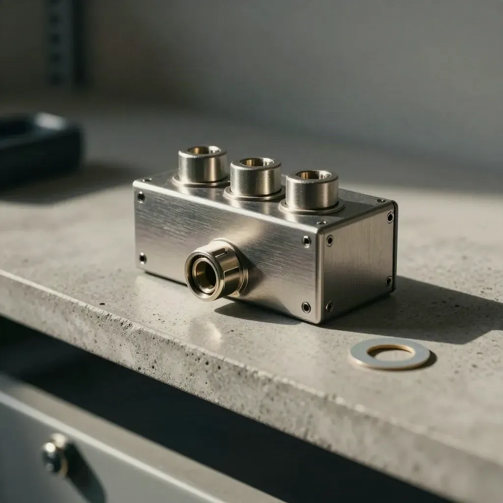 Metall-Relaisbox mit drei Portkappen und offenem Steckersleeve auf grauem Beton.