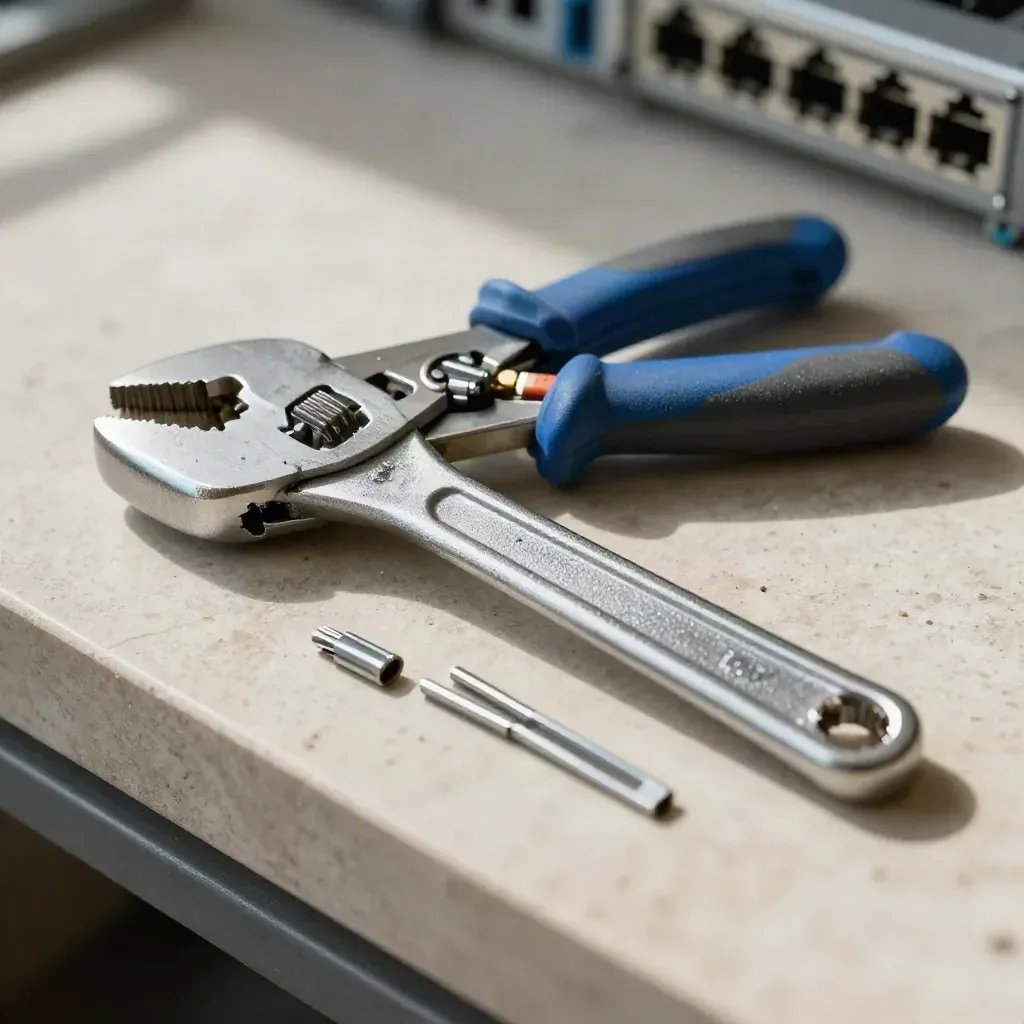 Torquemeter, RJ45-Crimpzange und zwei Aderendhülsen auf hellem Stein.