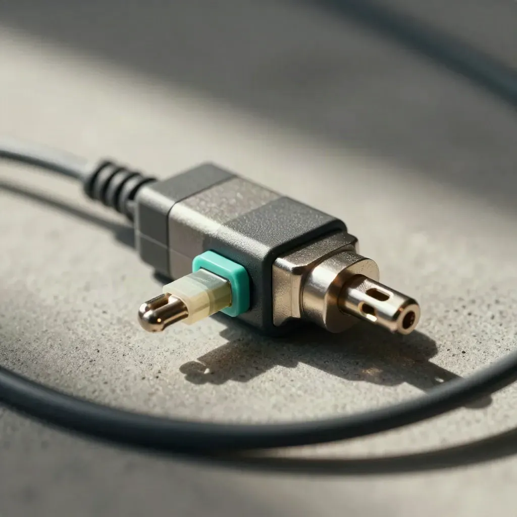 Makro von Loopback-Stecker, Diagnoseadapter und Sicherung auf grauer Servicefläche.