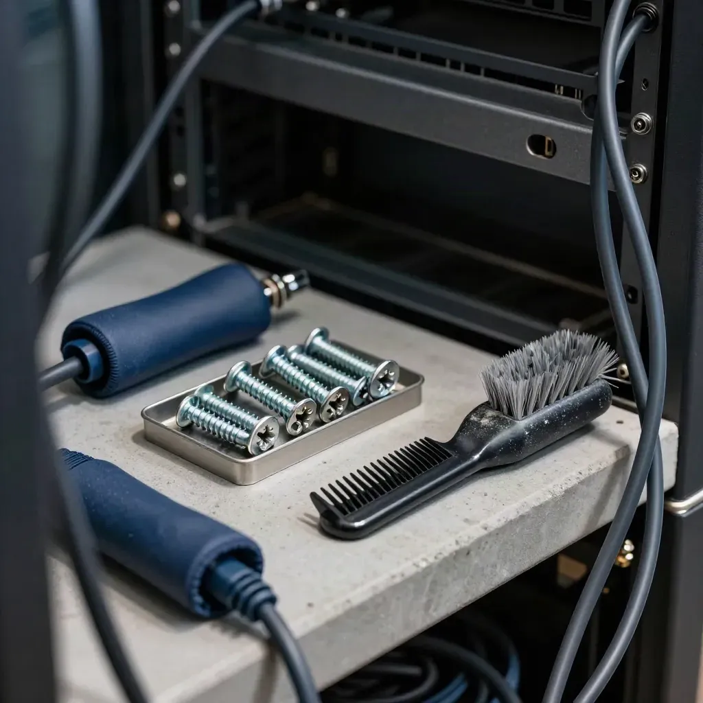 Dramatisches Stillleben mit Rack-Schrauben, Kabelkamm und Antistatikbürste hinter Kabeln.