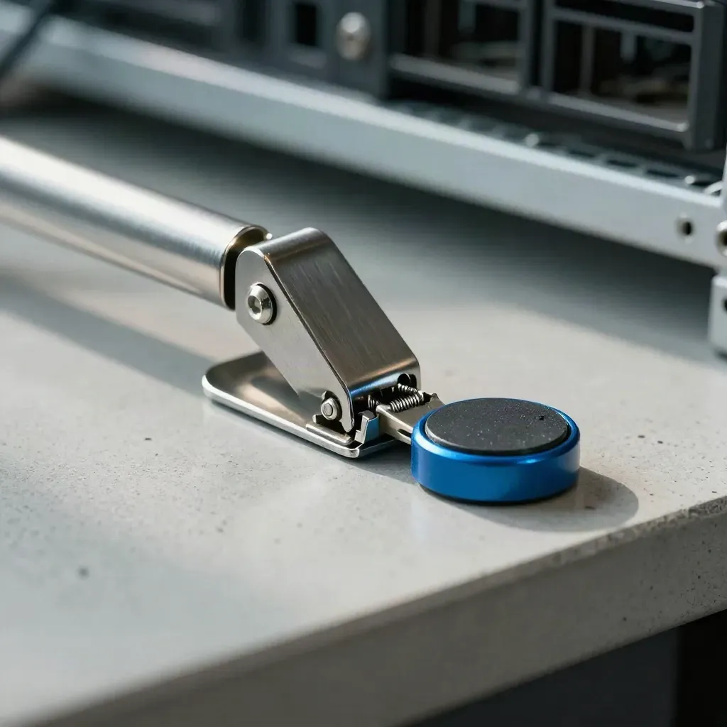 Server-Rail-Clip, Rack-Schlüssel und Thermosensor auf Beton, mit blauem Akzent.