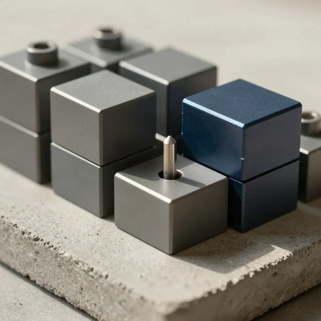Modulare Metallblöcke mit einrastendem Stift auf grauer Betonoberfläche